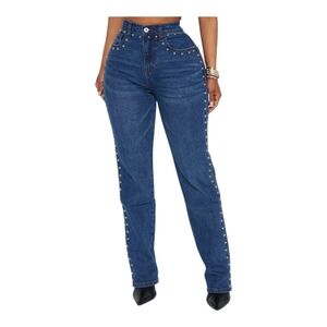 Fashion Nova For Keeps Studded Straight Leg Jeans - Medium Wash NWT